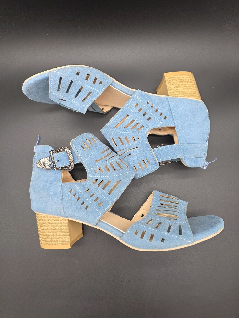 Blue Vegan Suede Cutout Block Heel Sandals Sz 11